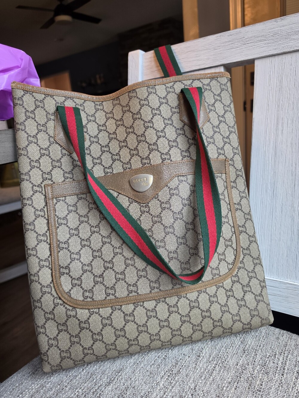 Gucci Beige GG Supreme Canvas Tote with Green and Red Web Straps
